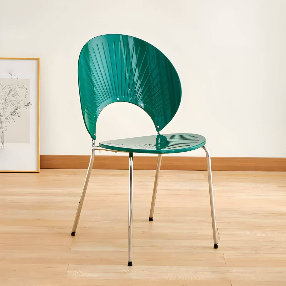 Stackable Scandinavian style dining chair with plastic seat, acrylic back, and silver legs