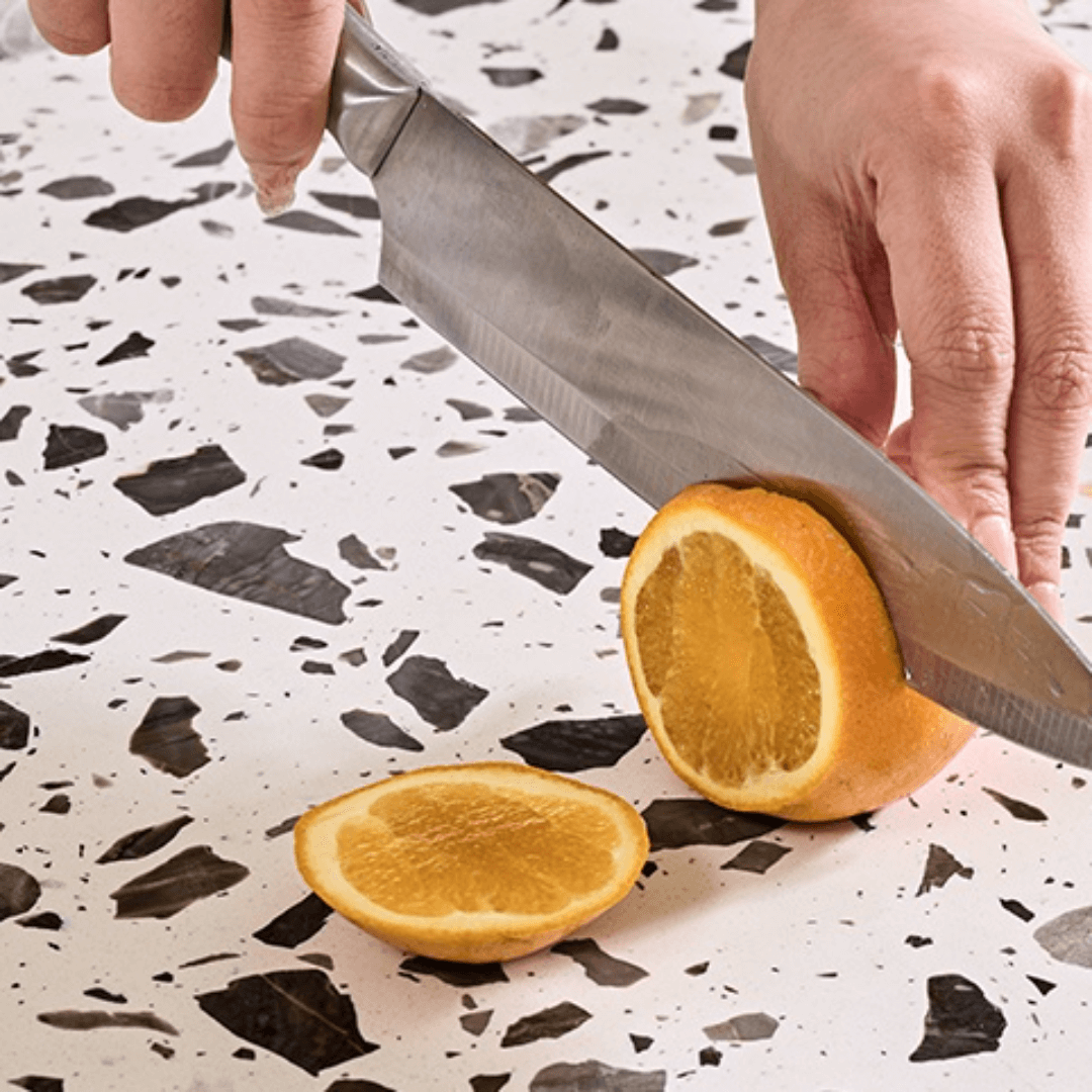 Round terrazzo table with easy-clean surface, perfect for small apartments