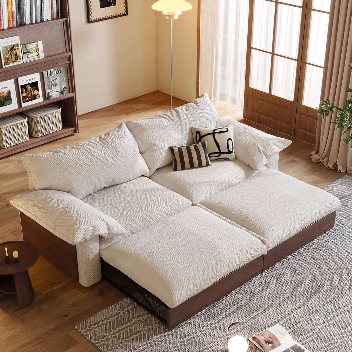 Japandi style pull-out sofa bed available in three fabric options for versatile seating and sleeping