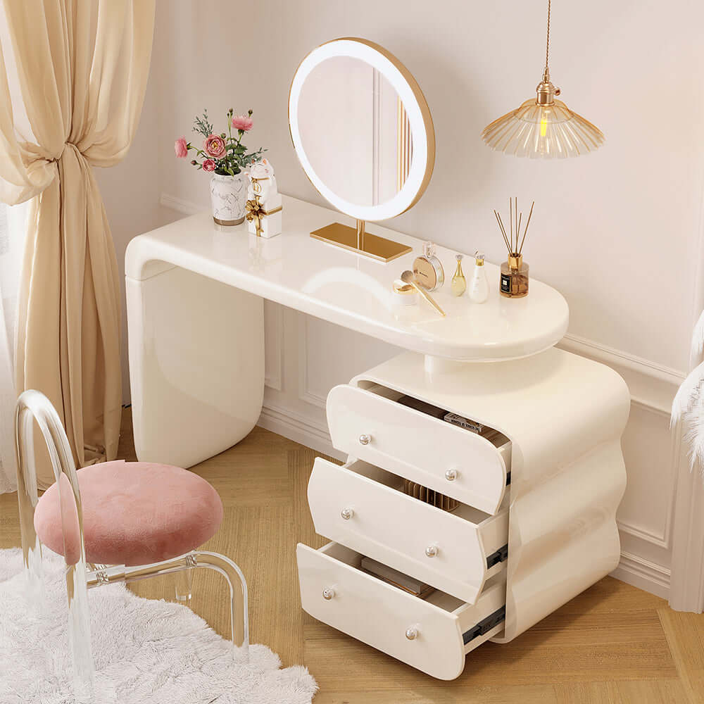White makeup vanity featuring an adjustable side cabinet with three drawers for storage