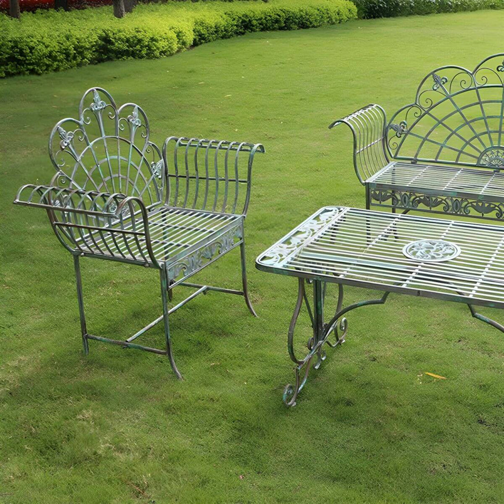 Green metal outdoor dining chair with classic style and water-resistant finish