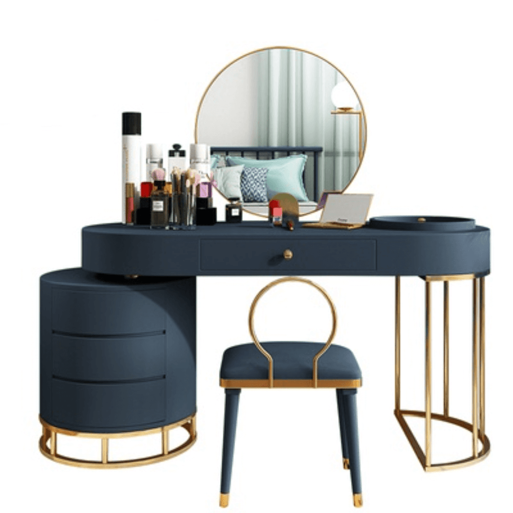 Makeup vanity set with extendable dressing table, side cabinet, mirror, and chair in white, pink, green, and blue