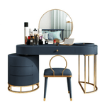 Makeup vanity set with extendable dressing table, side cabinet, mirror, and chair in white, pink, green, and blue