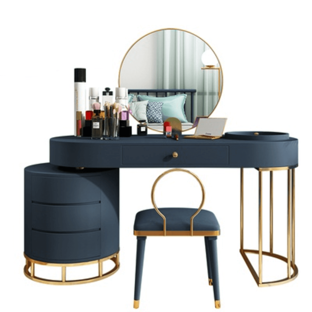 Makeup vanity set with extendable dressing table, side cabinet, mirror, and chair in white, pink, green, and blue