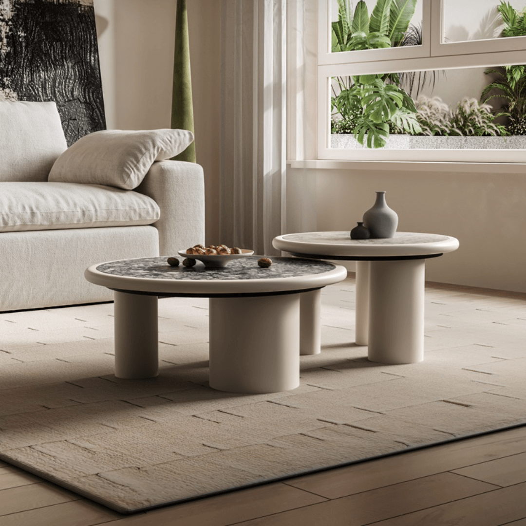 Round terrazzo coffee table with elegant design, perfect for chic home decor