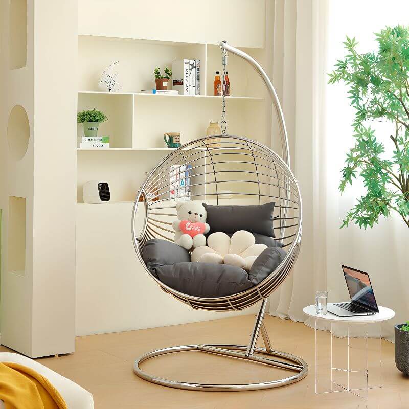 Silver and Aurous stainless alloy porch swing with stand, cushions, and chain for outdoor comfort