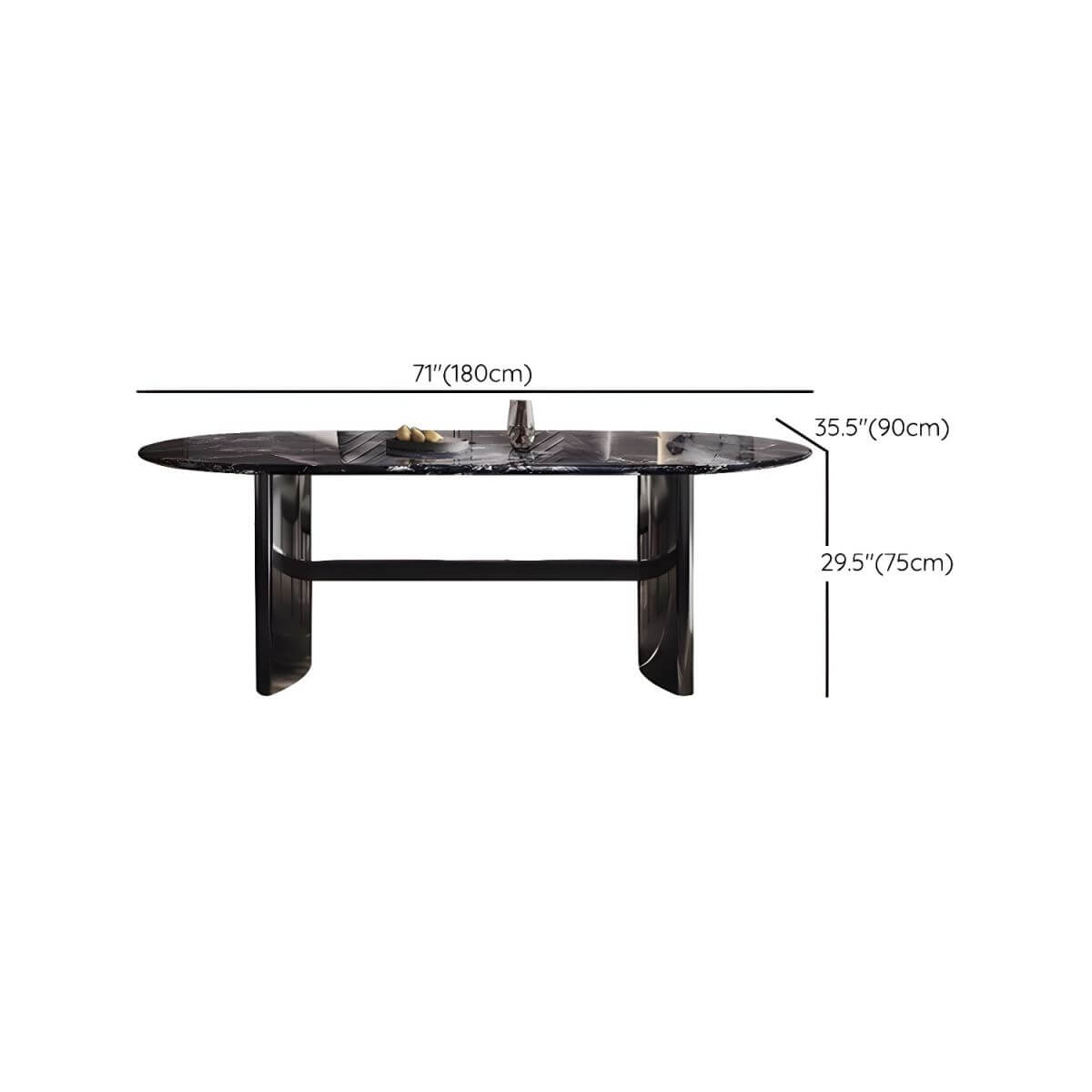 Oval dining table with black marble top and trestle metal base, modern dining room set