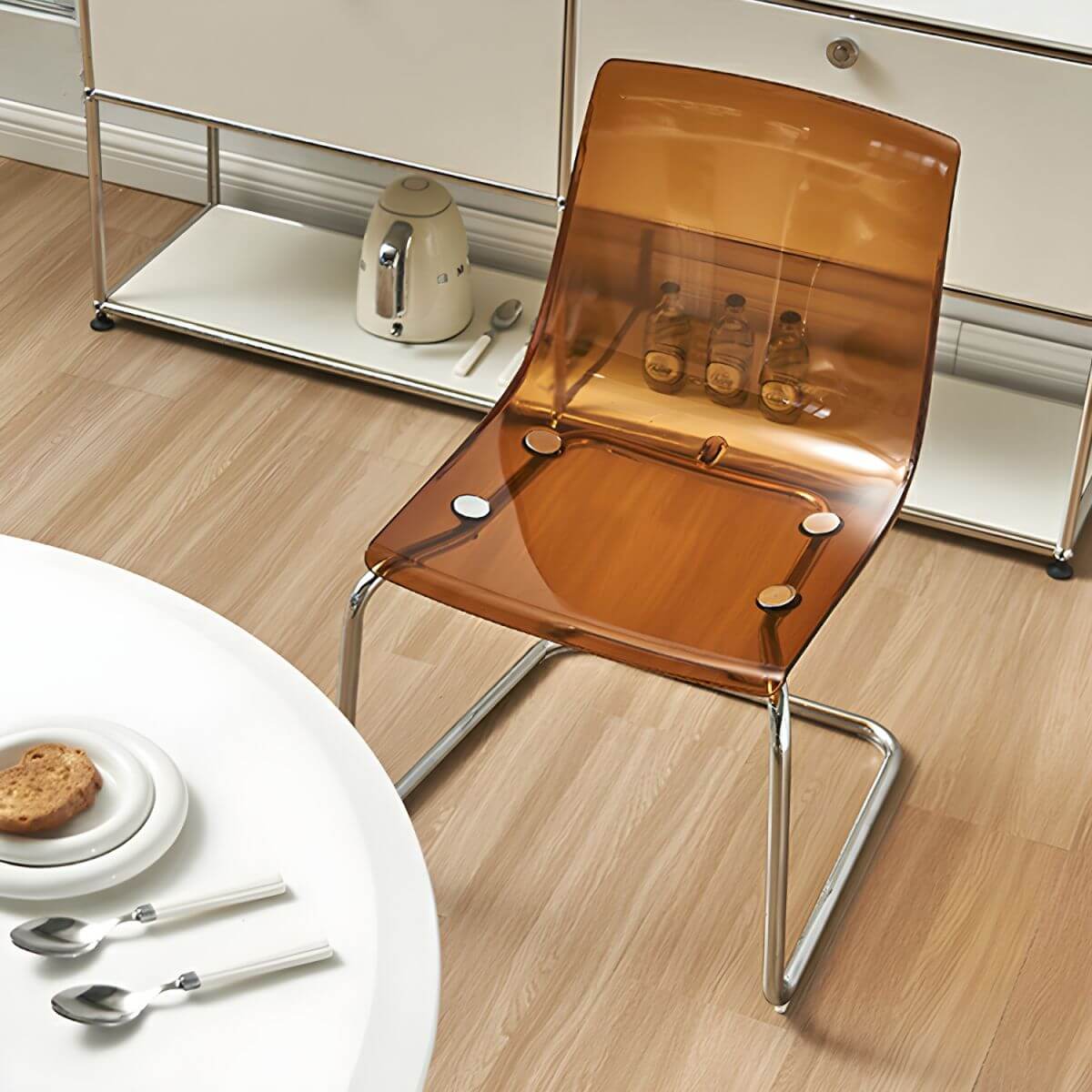 Scandinavian style low back side chair made of plastic and acrylic, ideal for kitchen and dining areas