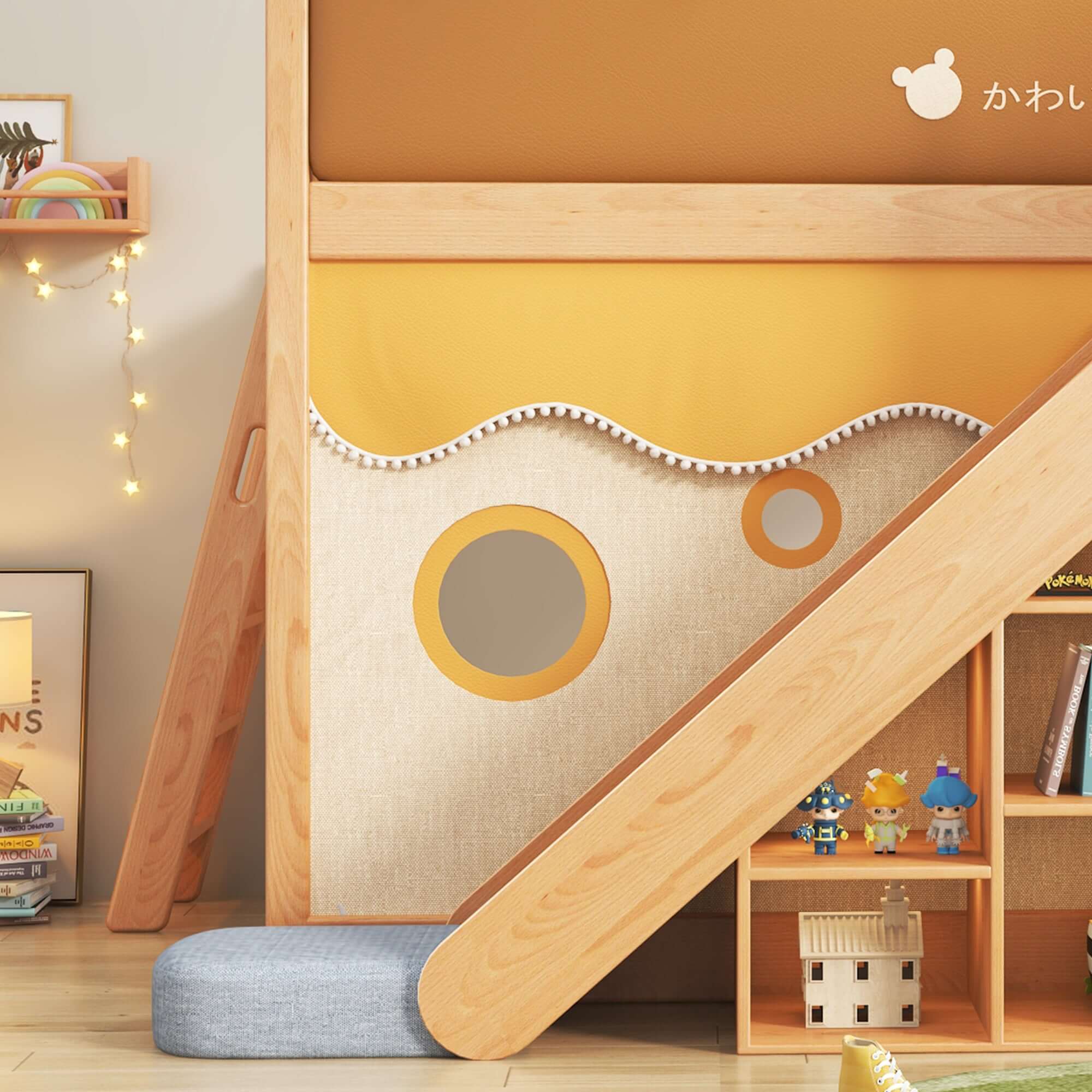 Solid wood children's bunk bed with slide, storage, and play tent for kids' bedroom