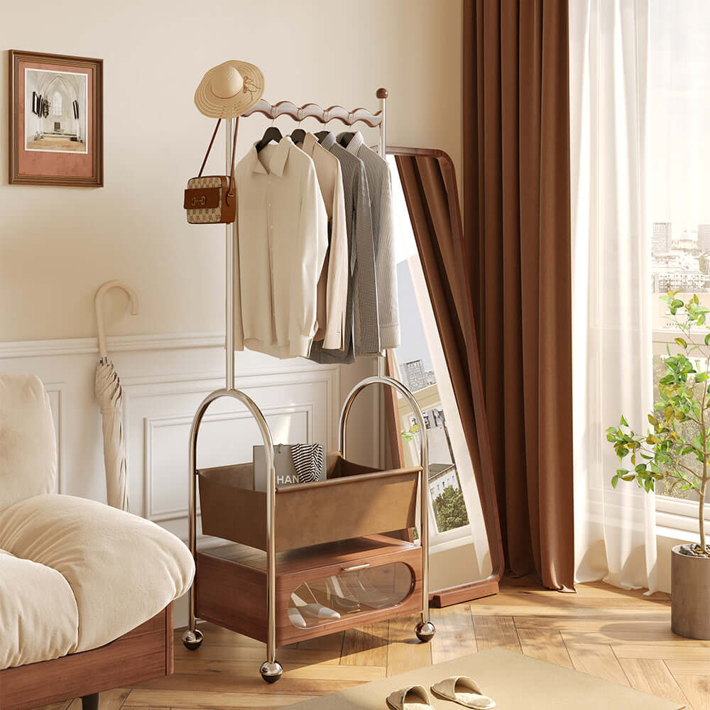 Mobile freestanding clothes rack with bottom storage for organizing garments efficiently