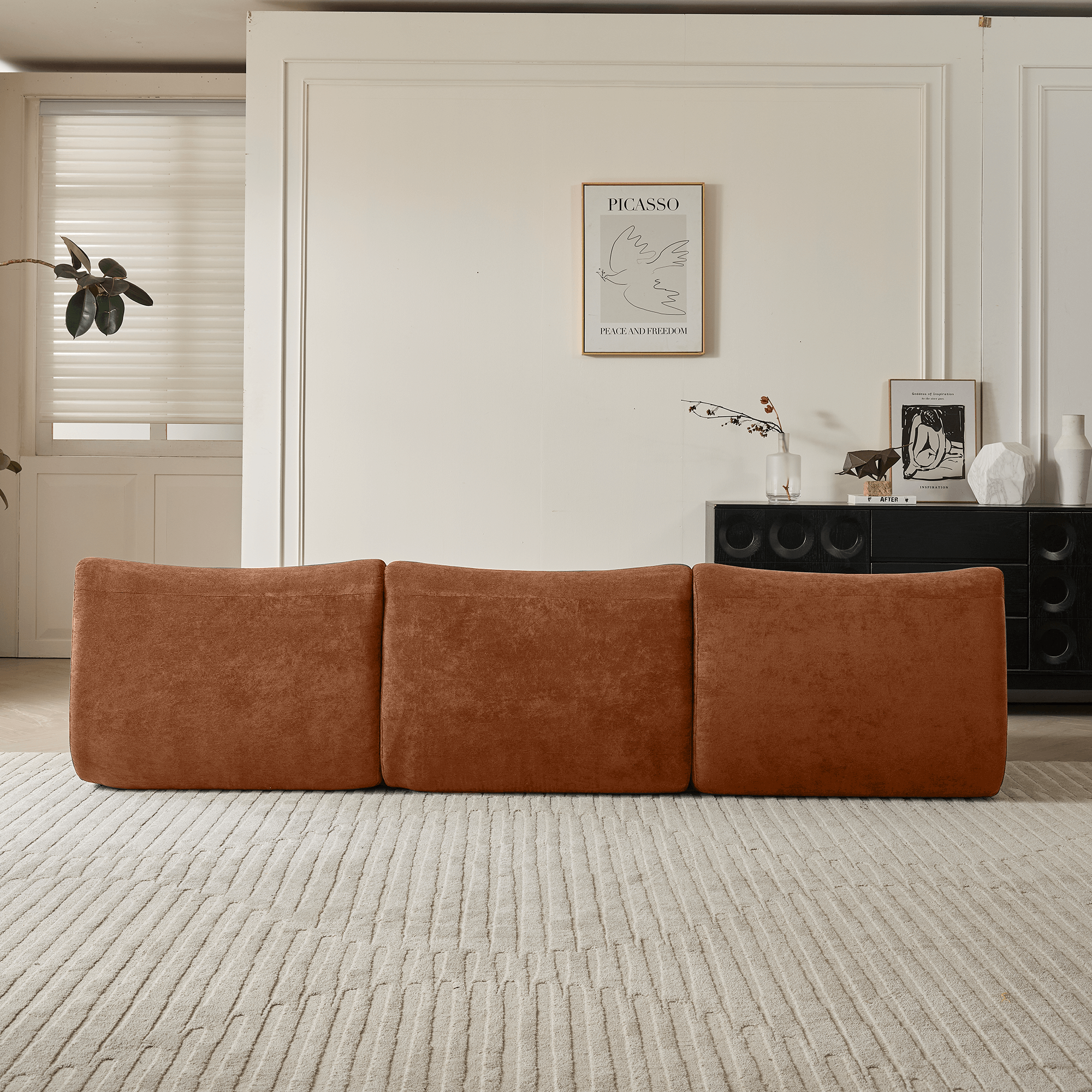 Green and brown modern corduroy sectional sofa with comfortable seating
