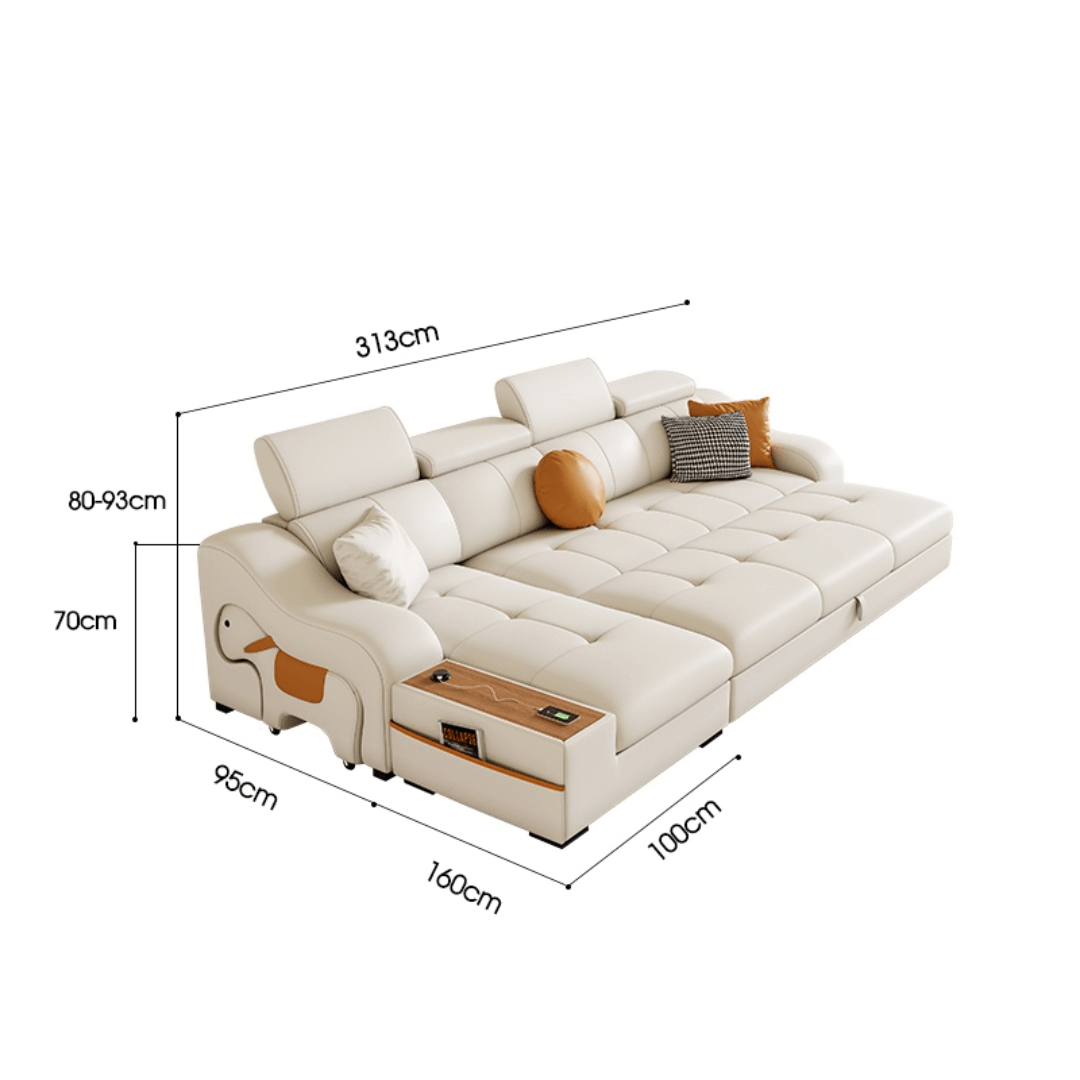 Space-saving sofa bed with a cute pony stool, perfect transformable furniture for small spaces