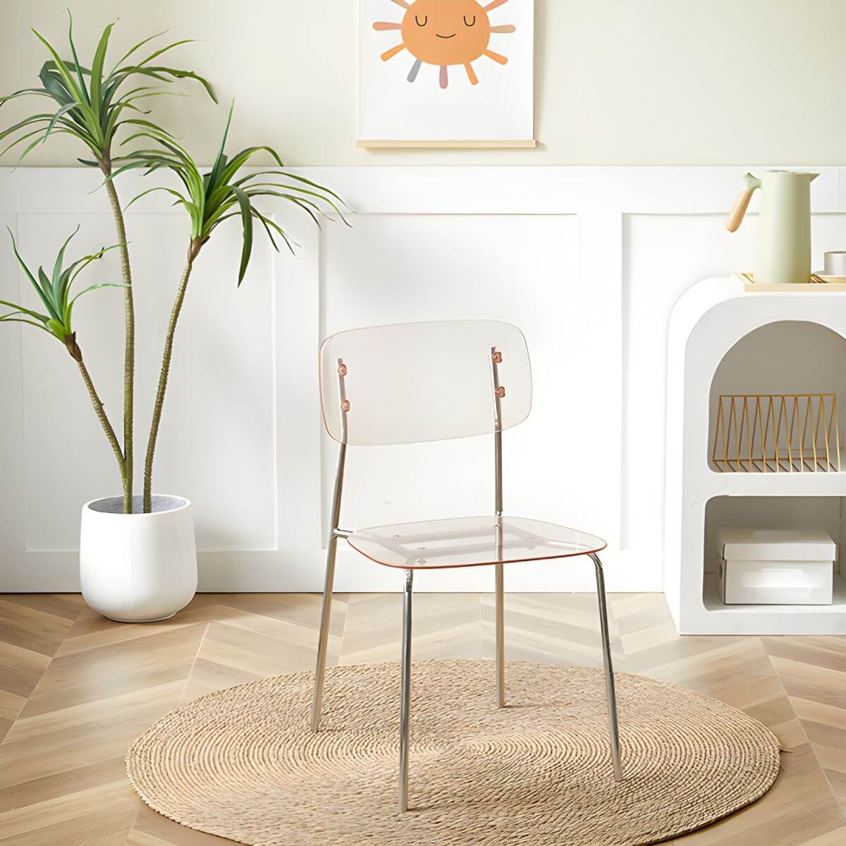 Transparent acrylic dining chair with modern design, perfect for living room and kitchen seating