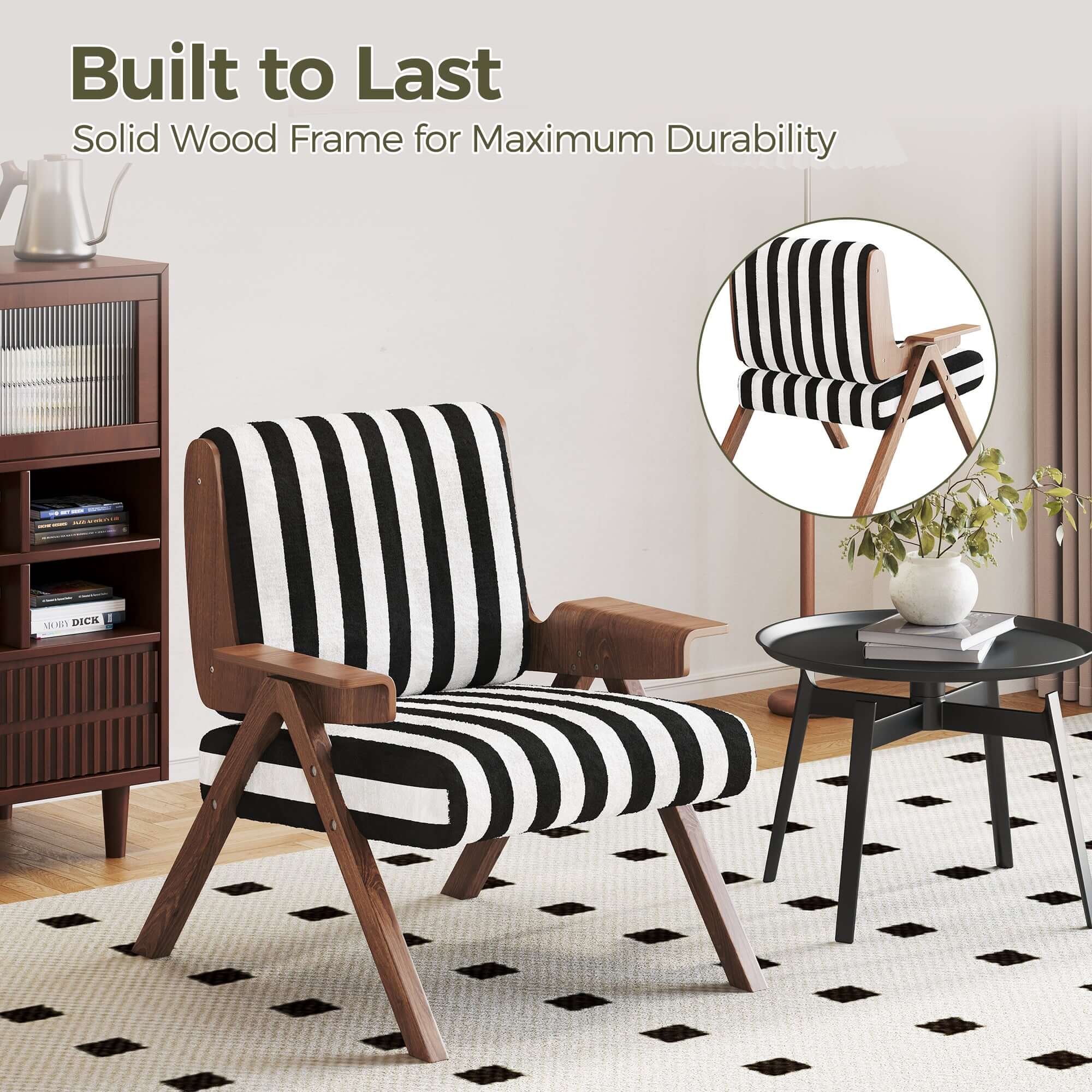 White modern accent armchair sofa with black stripes, stylish and comfortable seating