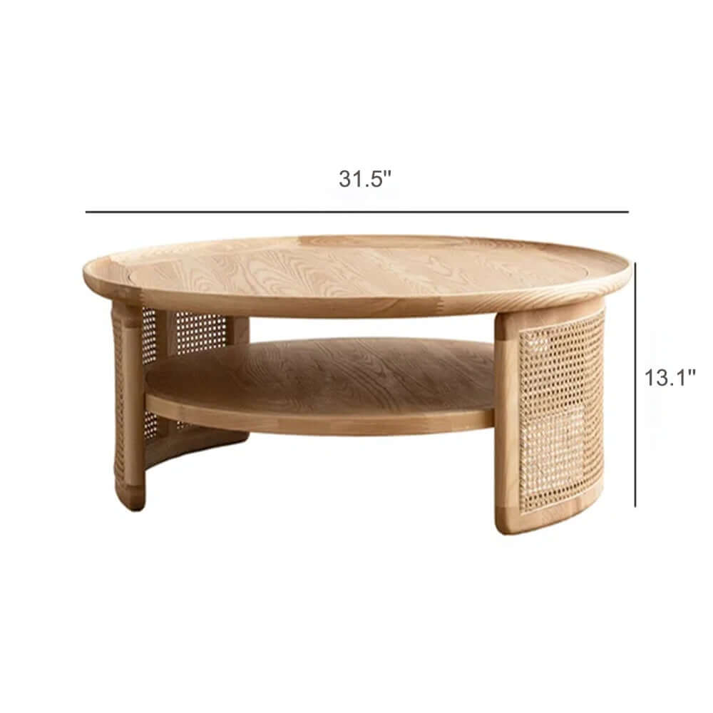 Round Japandi coffee table with solid wood top and rattan base, featuring two tiers for storage