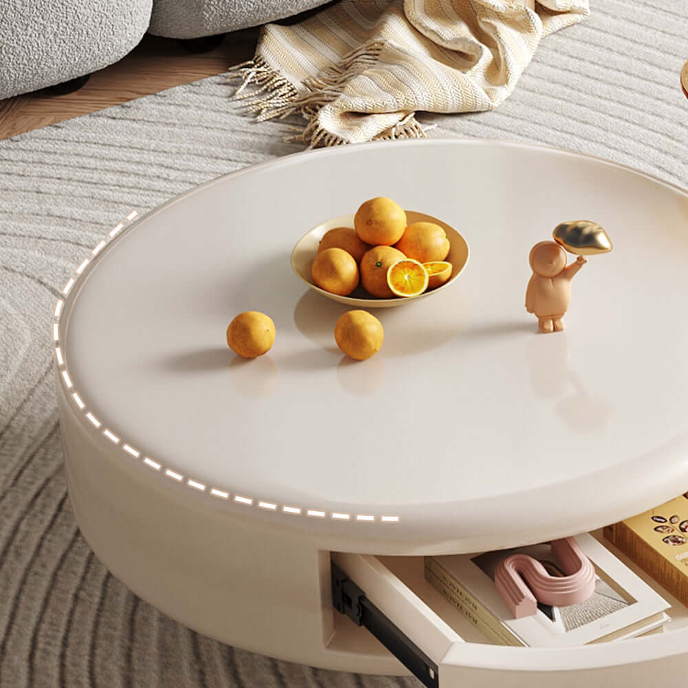 Set of 2 round rotating nesting coffee tables with 2 drawers and tea glass side surfaces