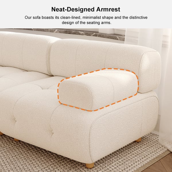 White modern L-shaped modular boucle sectional sofa loveseat with wood legs