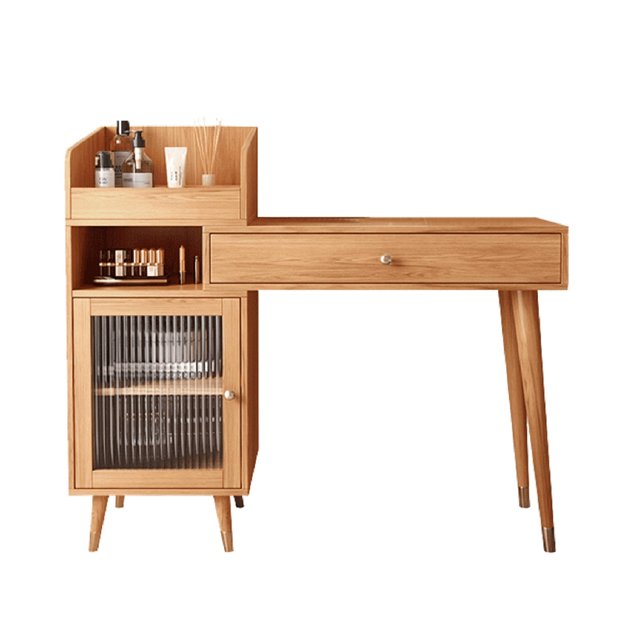 Coffee brown wooden vanity table with side cabinets, open storage, and drawers for bedroom organization