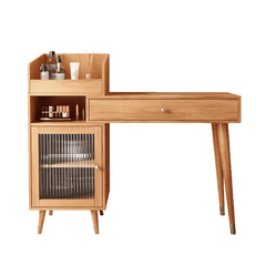 Coffee Brown Wooden Vanity Table with Side Cabinets Open Storage & Drawers