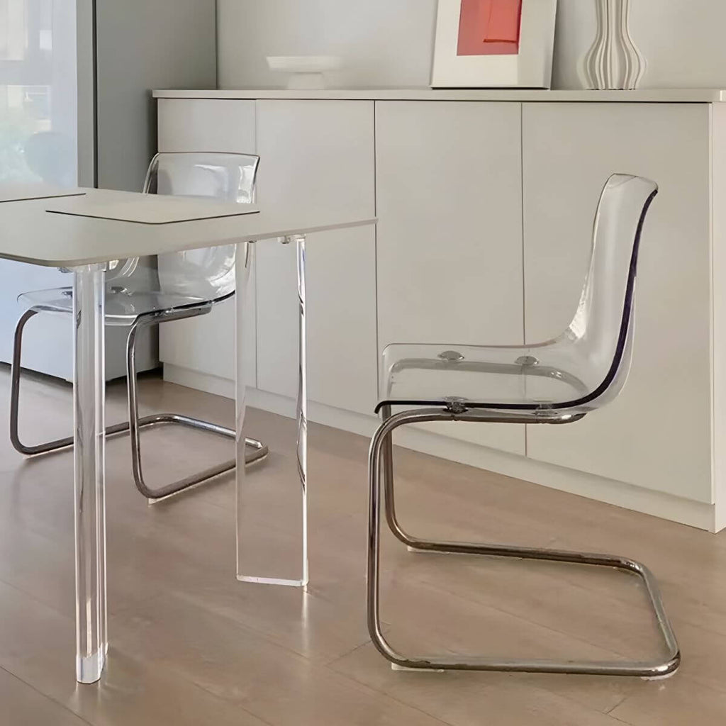 Scandinavian style low back side chair made of plastic and acrylic, ideal for kitchen and dining areas
