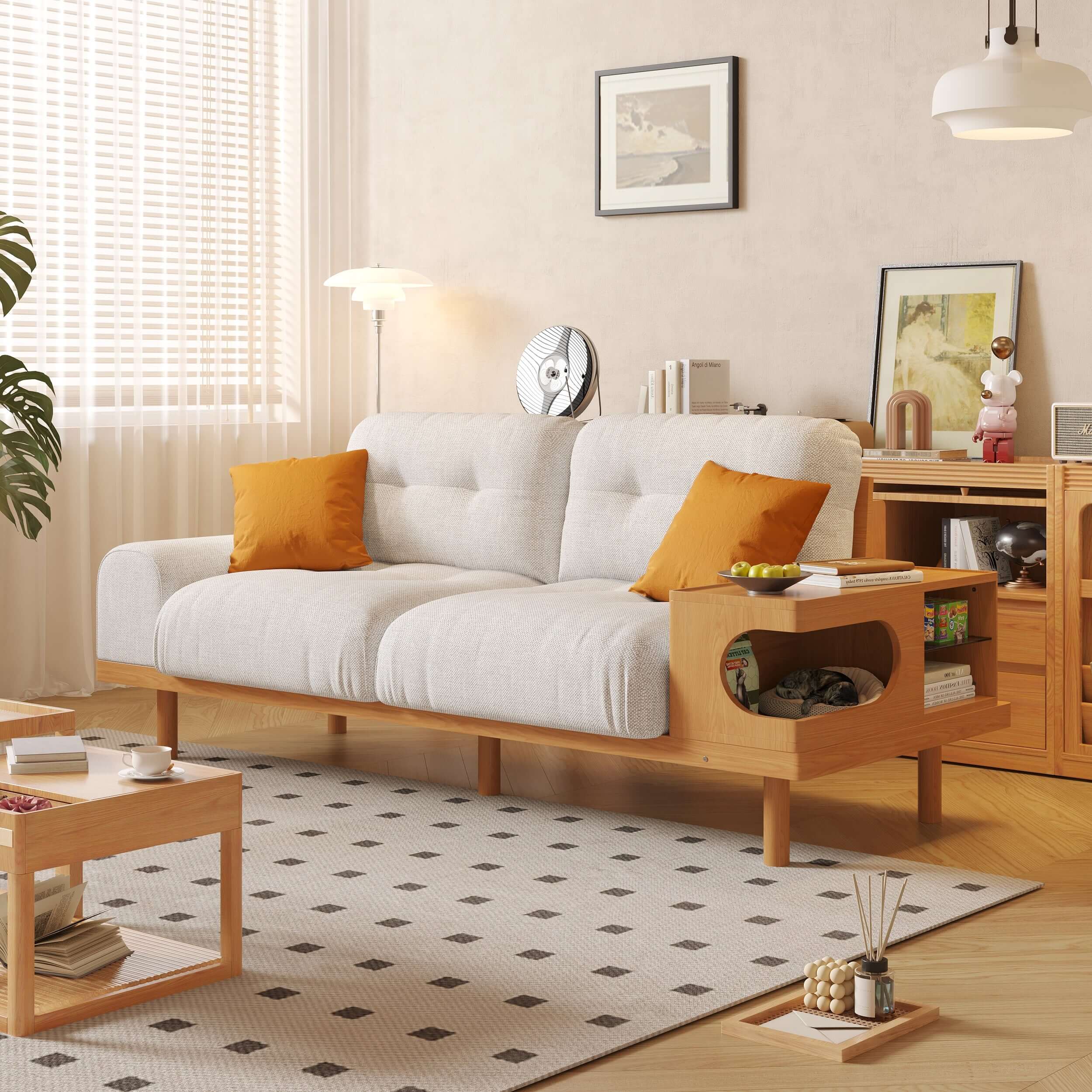 Japandi style wooden base sofa featuring an integrated cat den for pet-friendly living
