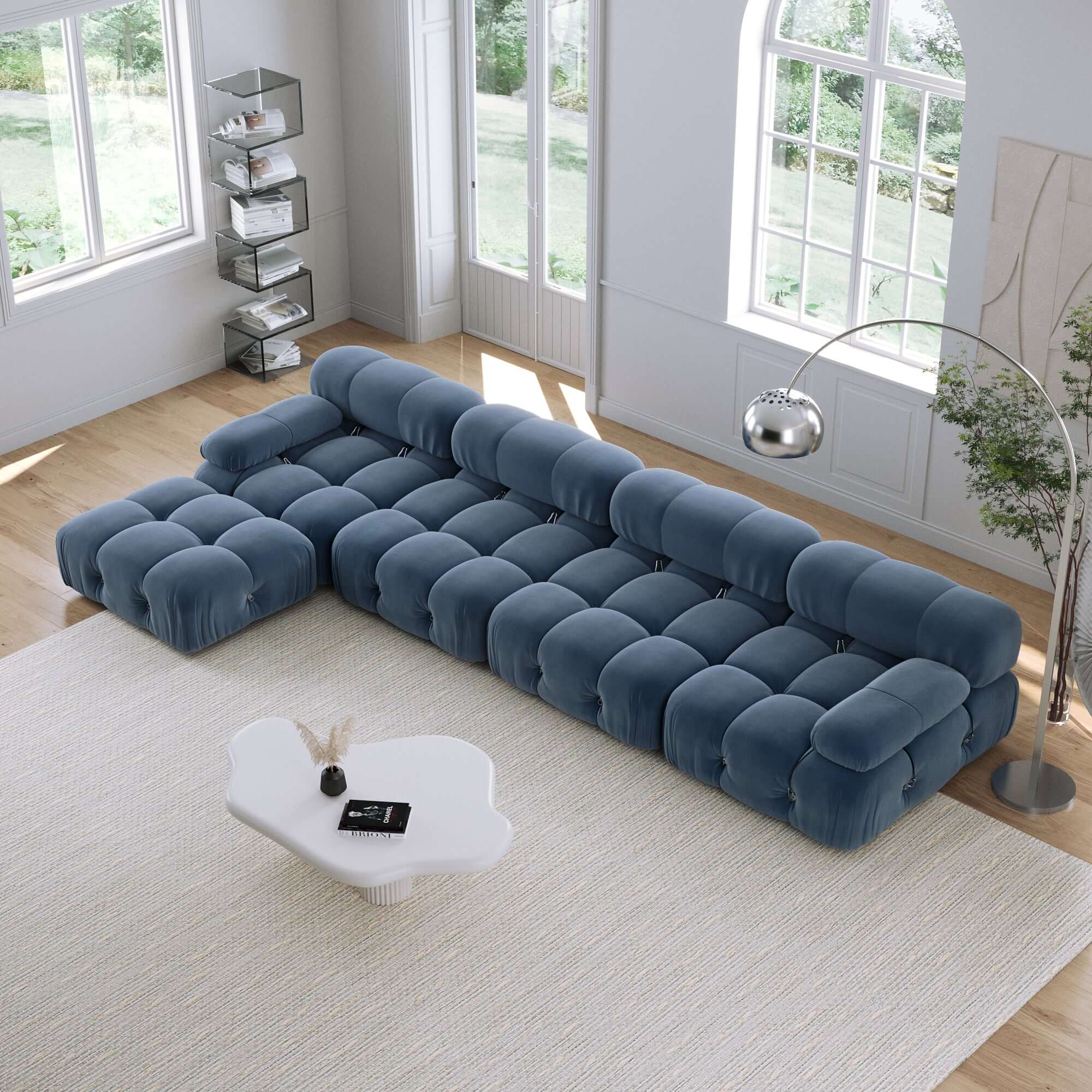 Velvet 4-seater sofa with chaise lounge, perfect for spacious living rooms