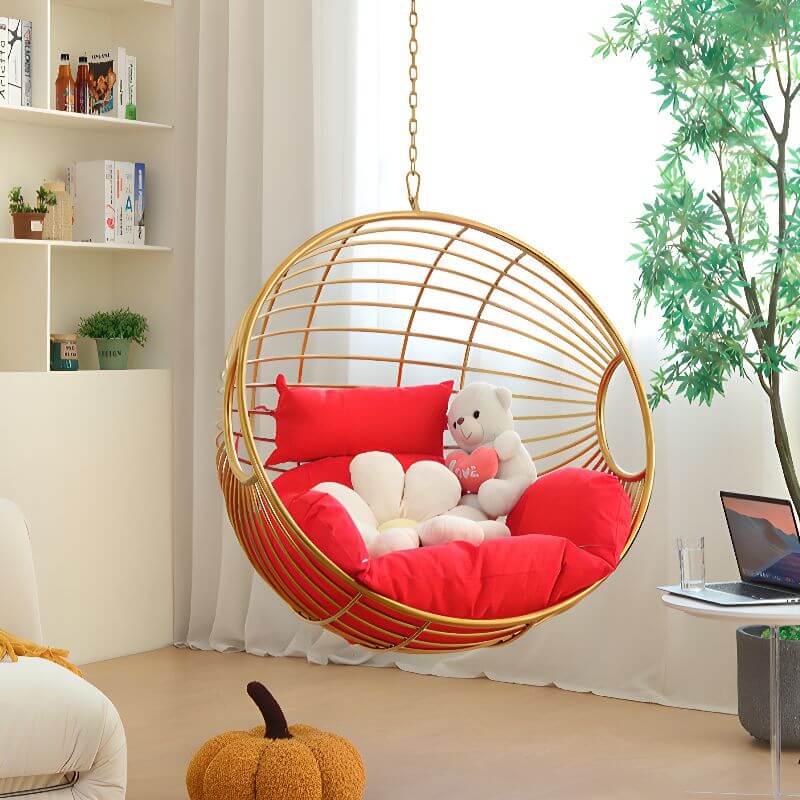 Silver and Aurous stainless alloy porch swing with stand, cushions, and chain for outdoor comfort