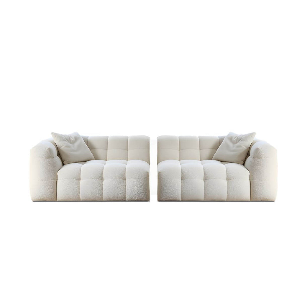 White fabric tuxedo arm sofa with biscuit back, 27.55 inches tall