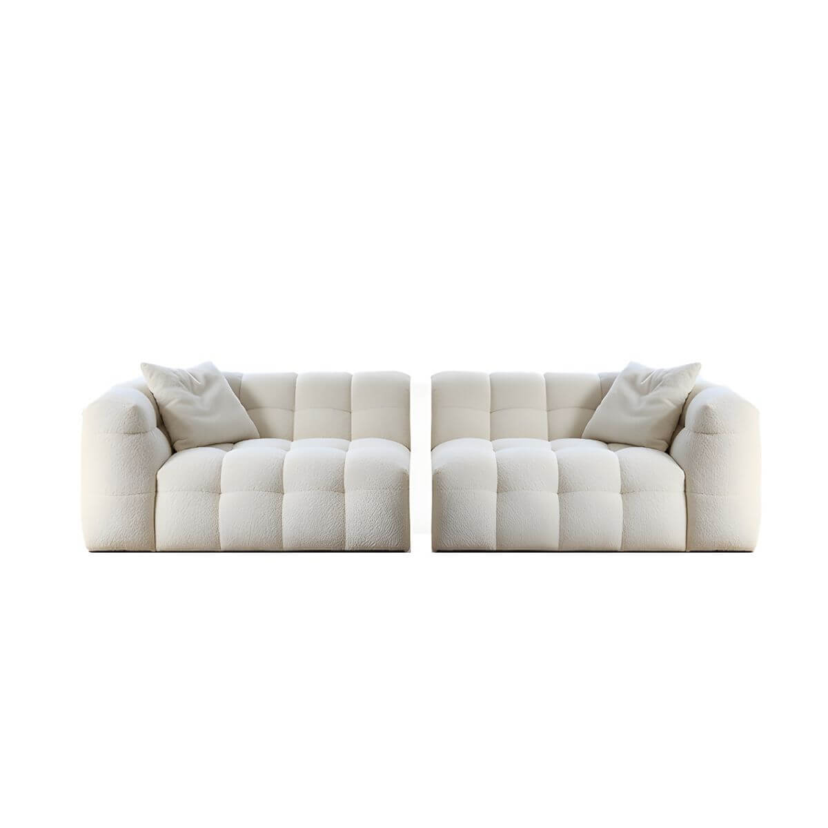 White fabric tuxedo arm sofa with biscuit back, 27.55 inches tall
