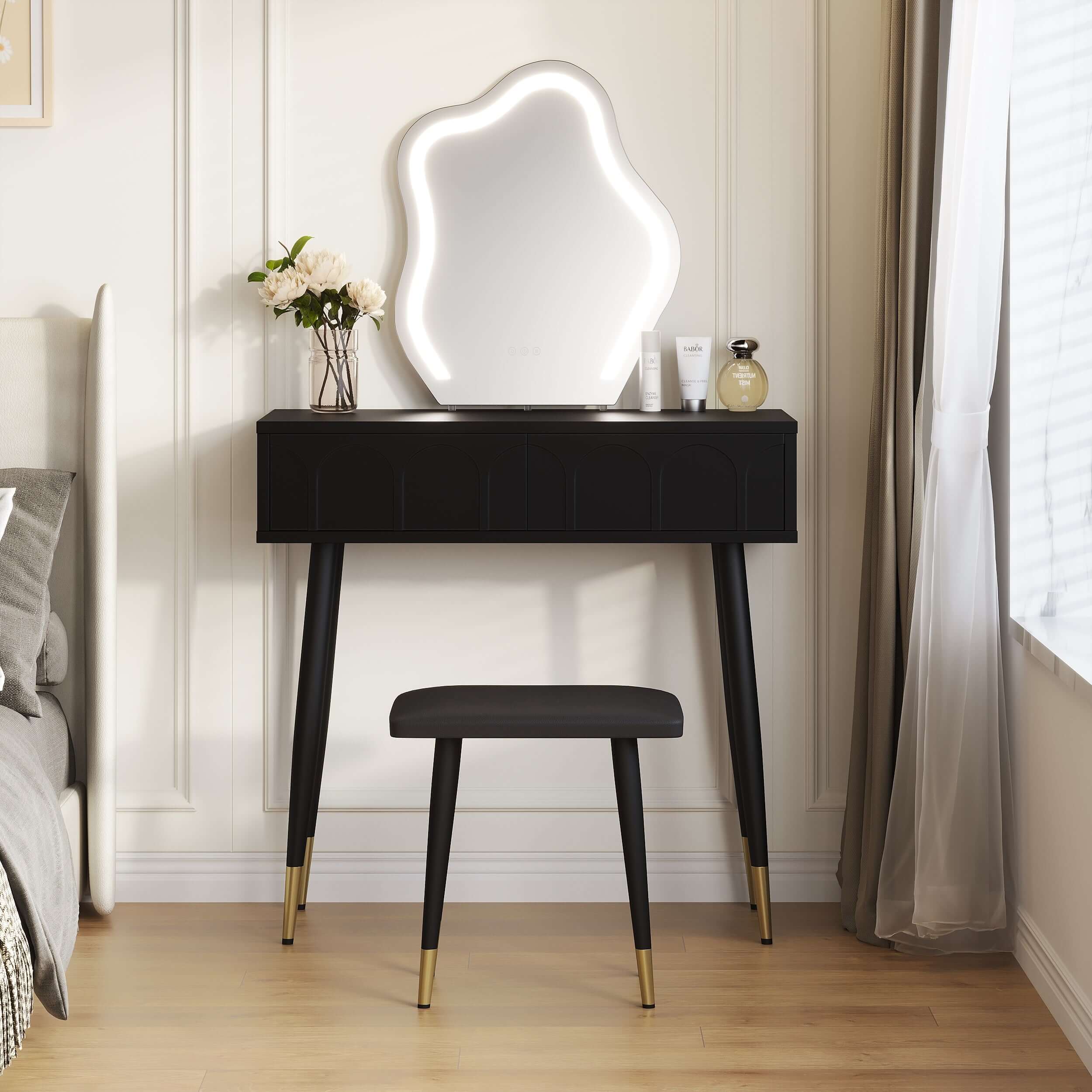 White and black 31.5-inch two drawer dresser with mirror and matching chair