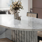 Modern oval marble dining table with white double pedestal base for stylish dining rooms