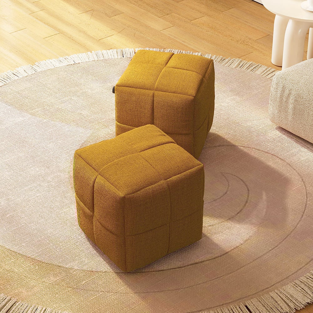 Brown linen pouf ottoman cube design, 15.7 inches wide, perfect footstool for living room