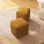 Brown linen pouf ottoman cube design, 15.7 inches wide, perfect footstool for living room