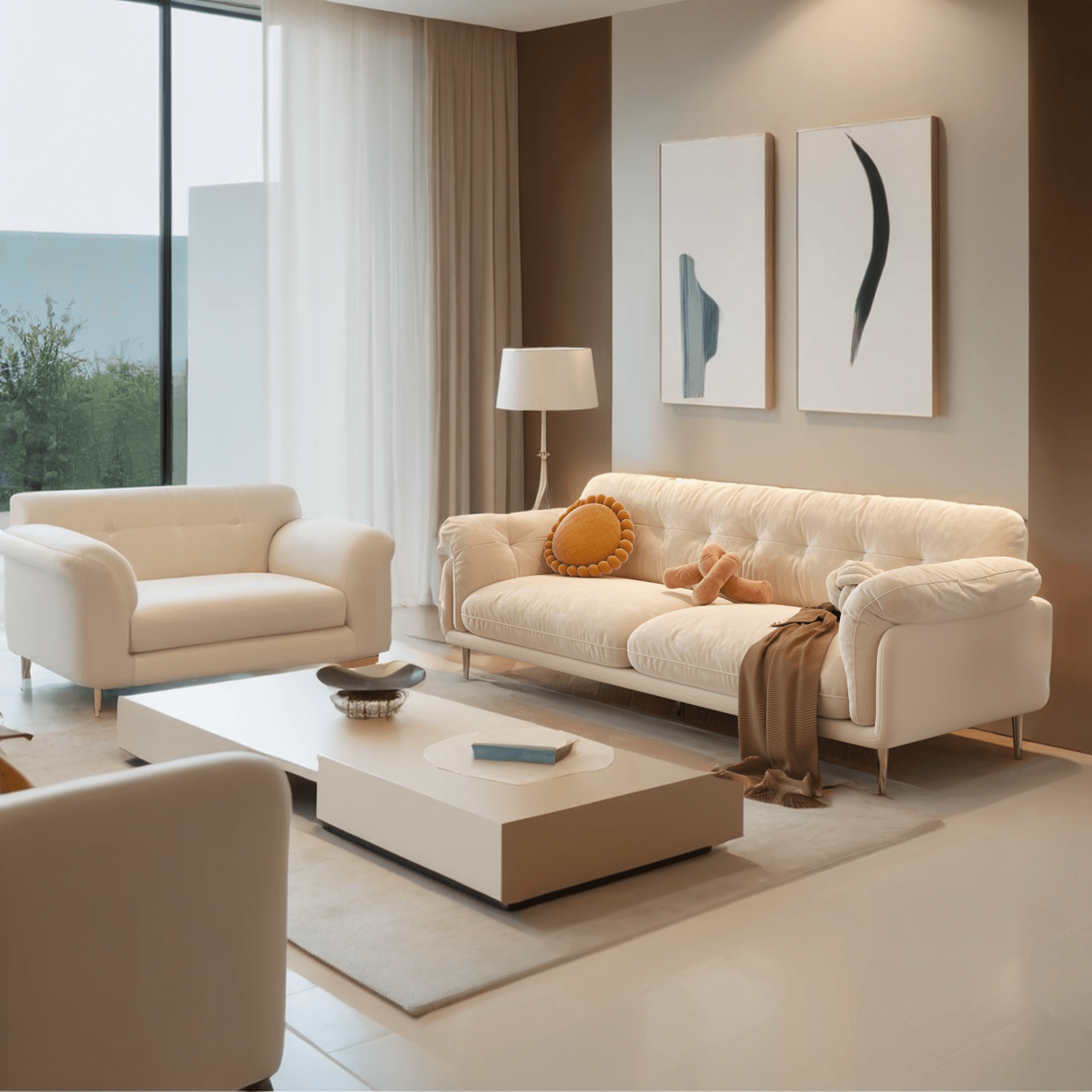 Modern white velvet living room sofa with stainless steel legs, measuring 88.98 inches