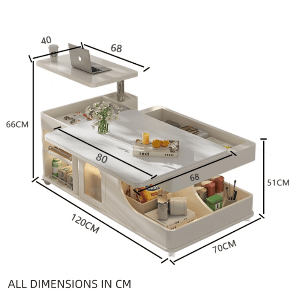 Cream lift-top coffee table with smart storage and easy mobility for modern living rooms