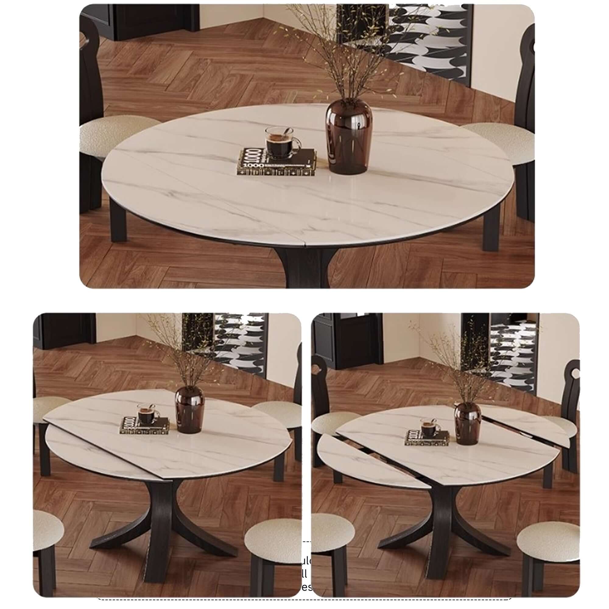 Convertible telescopic dining table with luxury sintered stone and marbling finish, square to round design