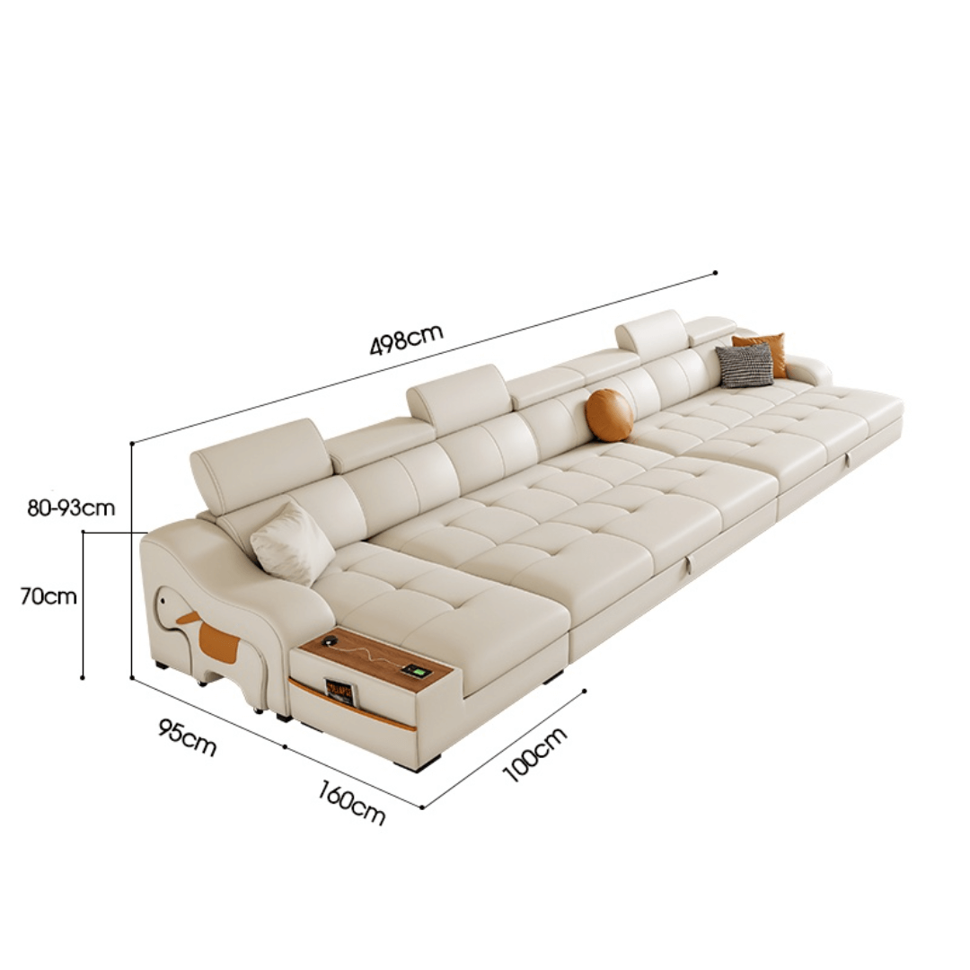 Space-saving sofa bed with a cute pony stool, perfect transformable furniture for small spaces