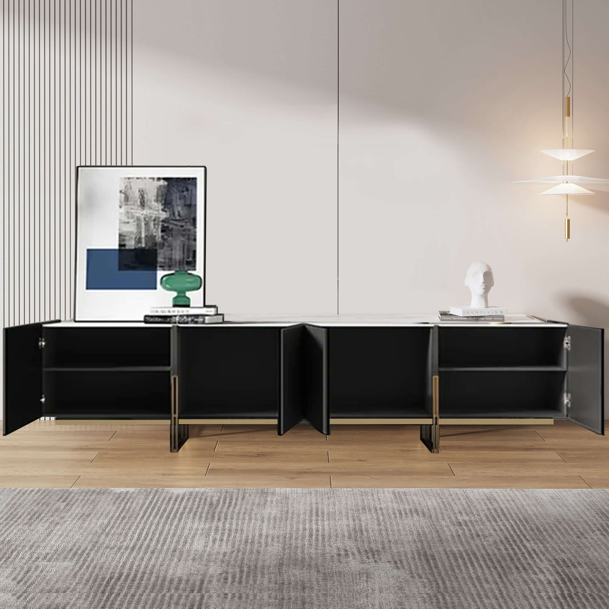 86.6-inch media console TV stand with faux marble top and storage, fits TVs up to 88 inches