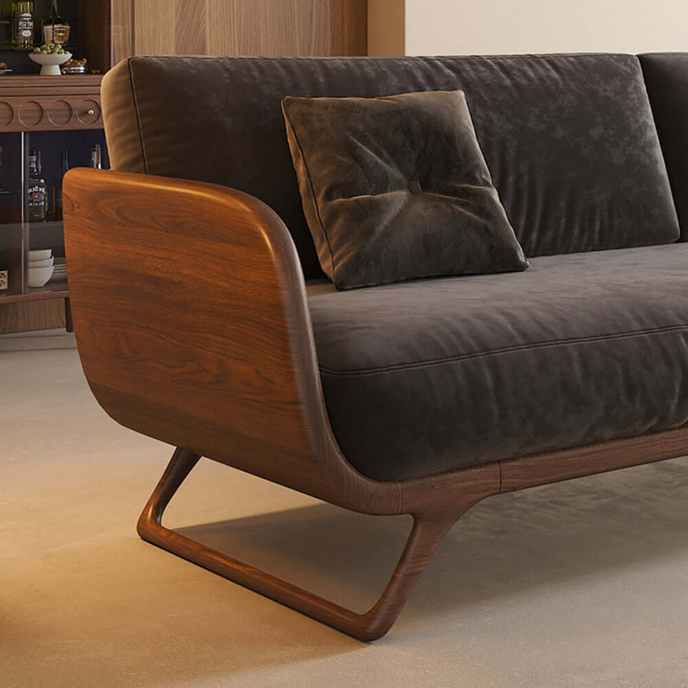 Cocochairs Modern Walnut Solid Wood Straight Sofa – Removable Cushions, Mid-Century 3-Seater Couch for Living Room