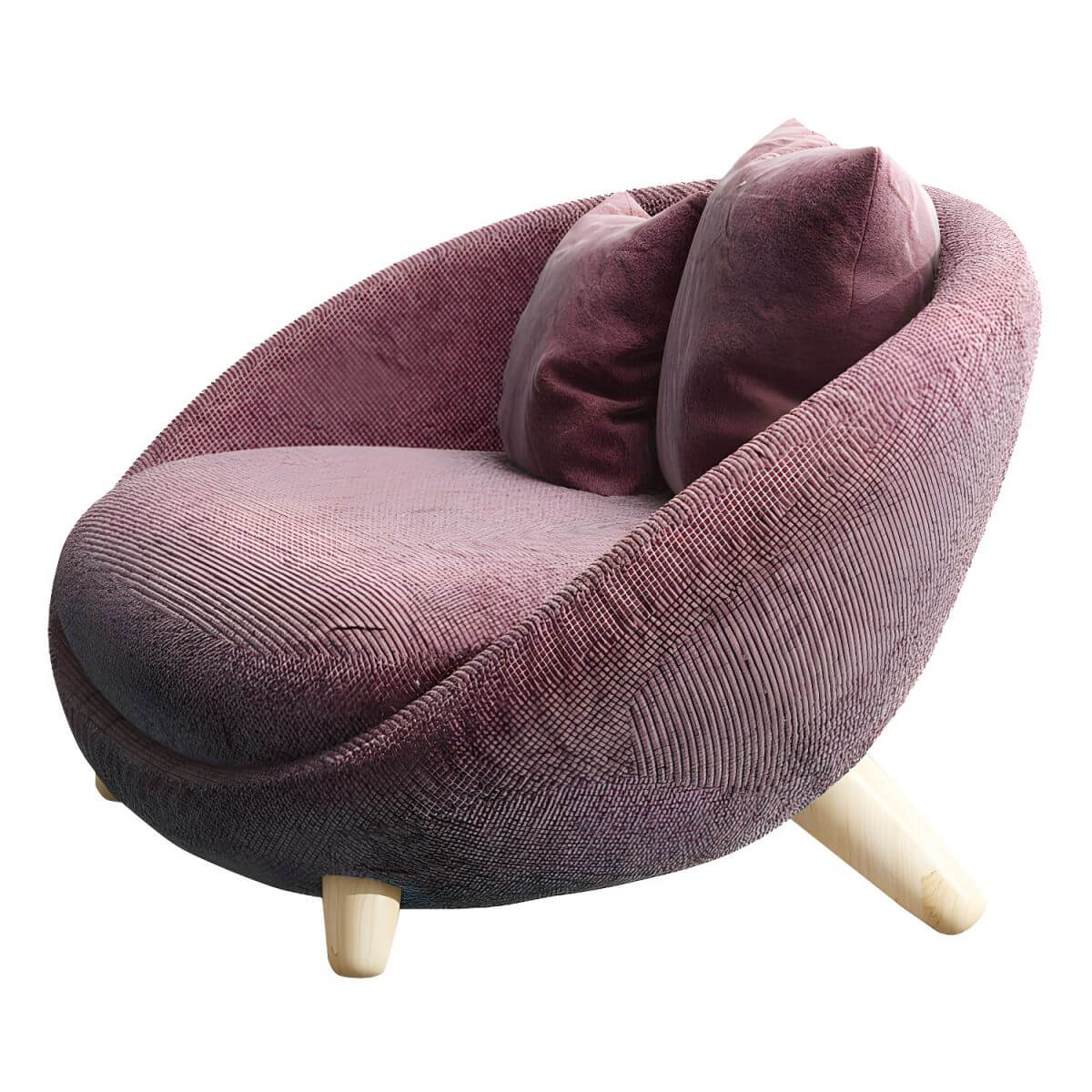 Scandinavian papasan chair with fixed back, sloped arms, cotton blend fabric, and 2 pillows
