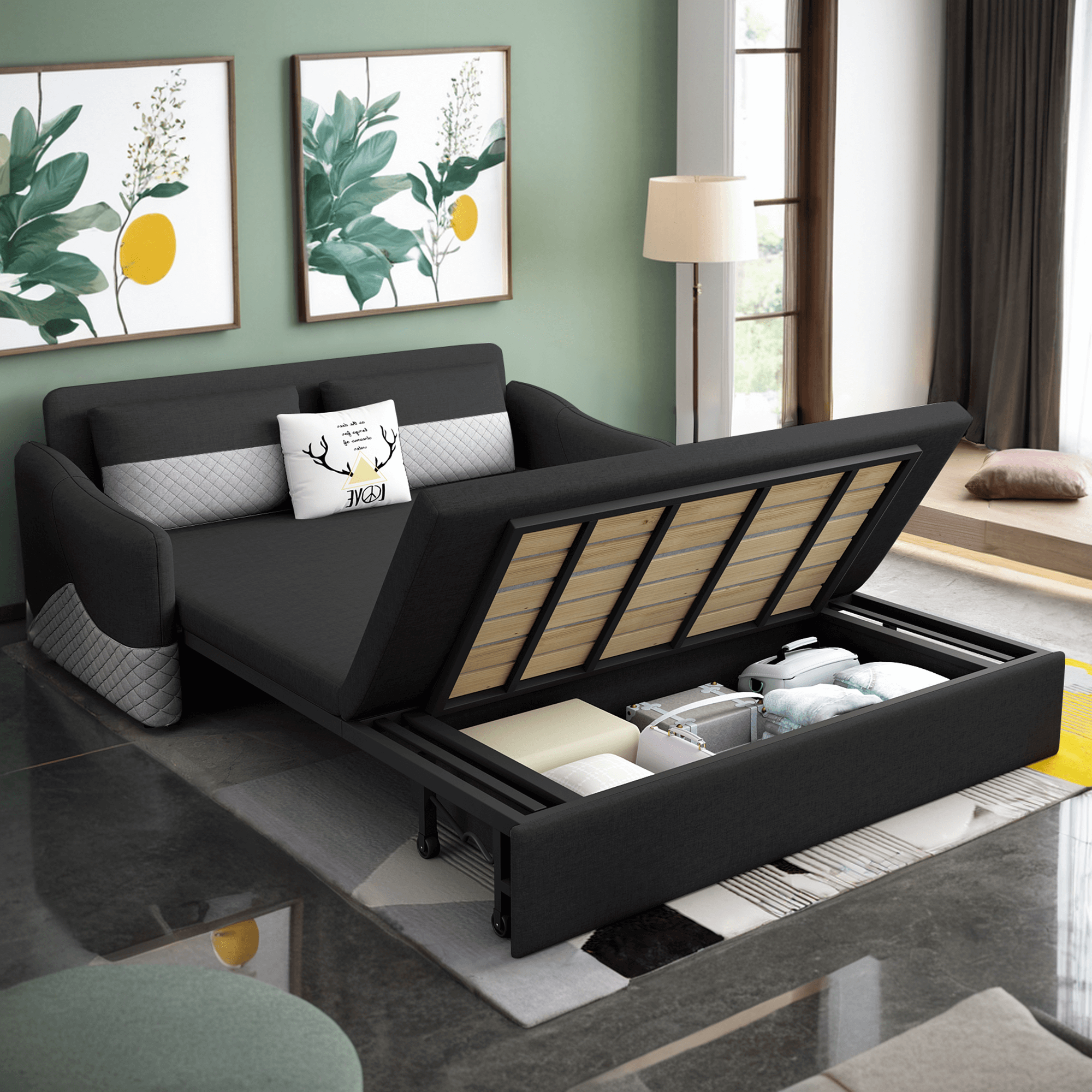 Grey 3-in-1 pull out couch bed with cotton linen upholstery and storage chaise