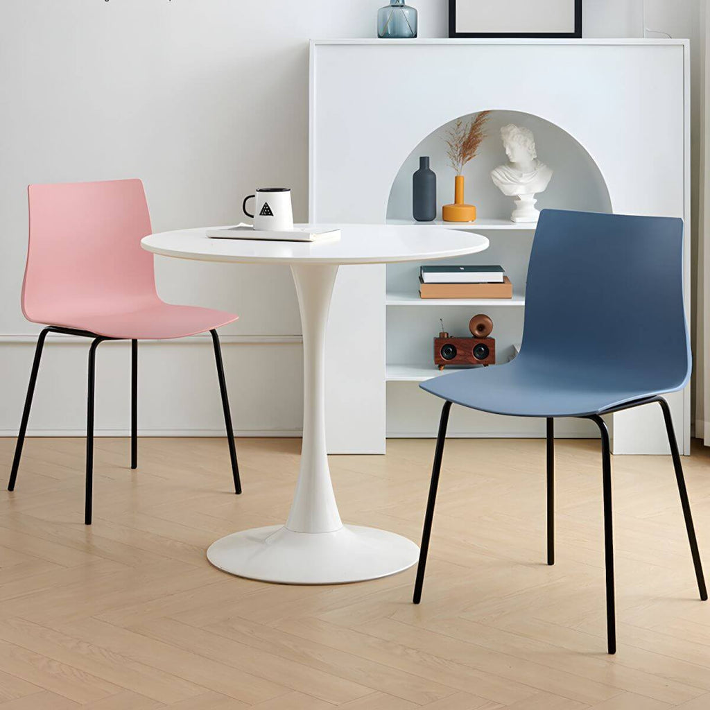 Modern plastic and acrylic side chair with metal legs, ideal for kitchen and dining rooms
