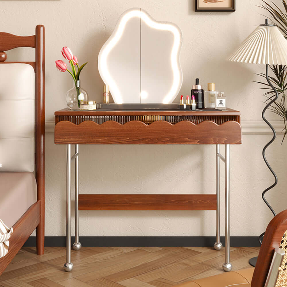 Solid wood makeup table with cabinet and LED mirror, freely combinable for personalized setup