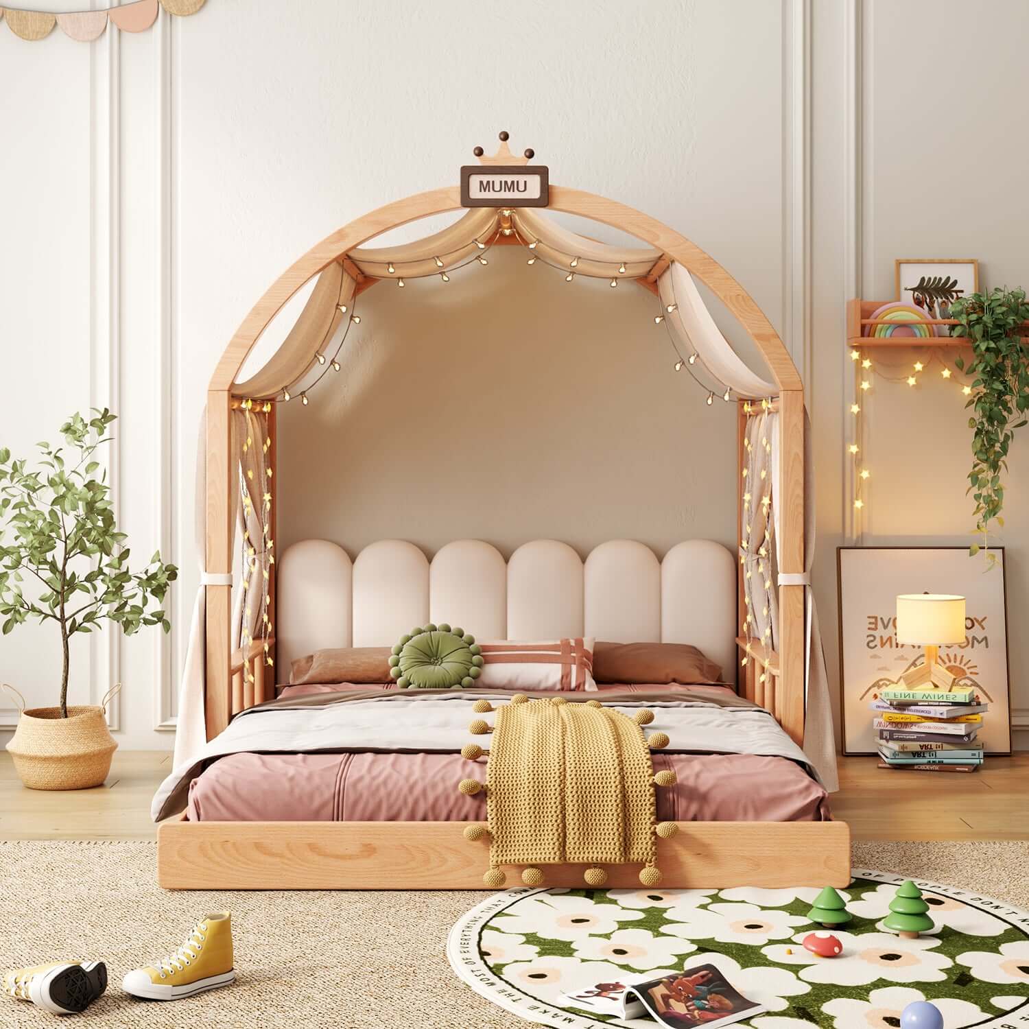 Extendable solid wood kids castle bed with canopy and upholstered headboard, converts from toddler to twin size