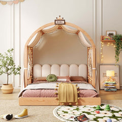 Lit château extensible en bois massif pour enfants avec baldaquin – Lit pour tout-petits à jumeaux de style tente avec tête de lit rembourrée