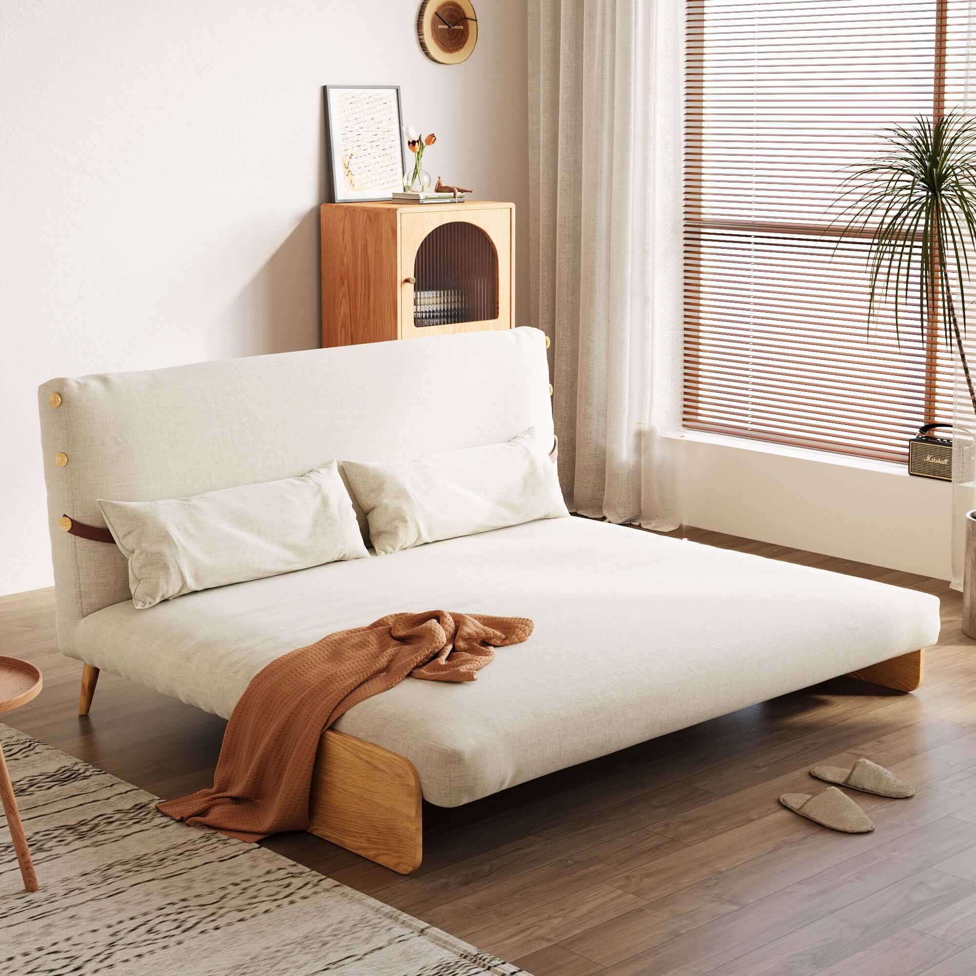 Beige and brown convertible foldable sofa upholstered in tech fabric for versatile living spaces