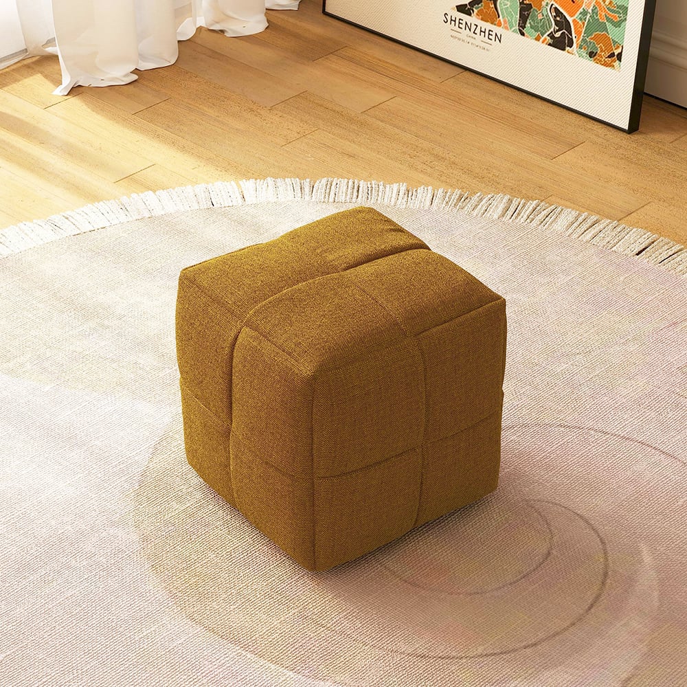 Brown linen pouf ottoman cube design, 15.7 inches wide, perfect footstool for living room