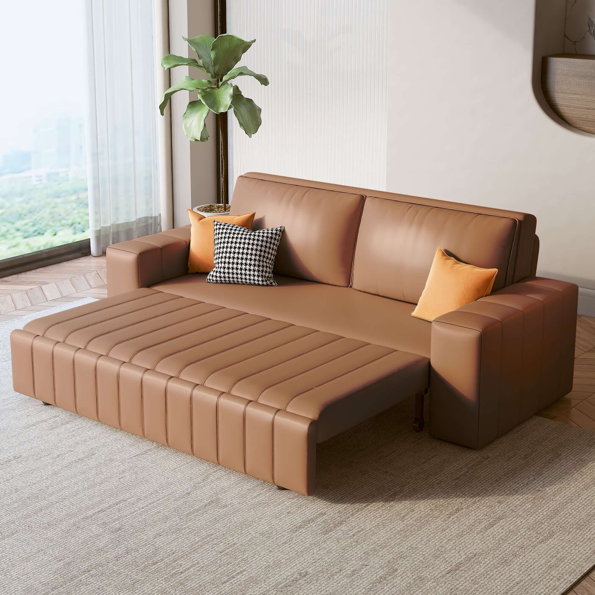 Modern leather upholstered sleeper sofa bed with storage space, measuring 62.99 inches