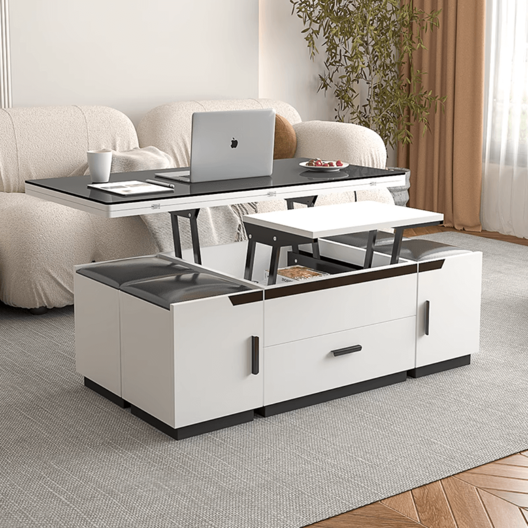 White lift-top coffee table with storage and stools, perfect for compact living spaces main product image
