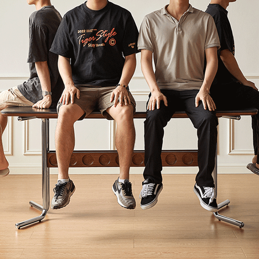 Square vintage dining and desk combo table with slate top, storage, and stainless steel legs